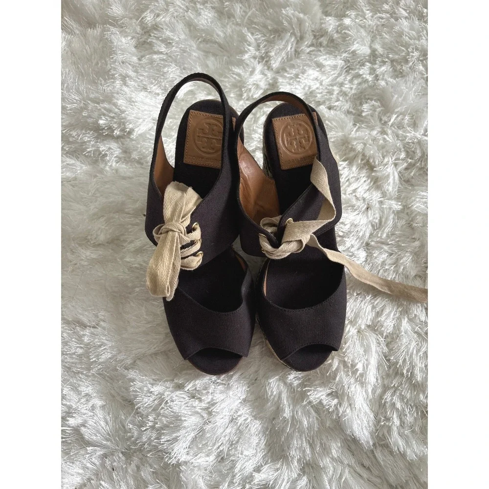 Tory Burch Linley Lace Up Espadrille Wedge Sandals Black Canvas Chevron Platform